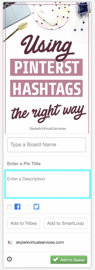 Where to add Pinterest descriptions in Tailwind (screenshot)